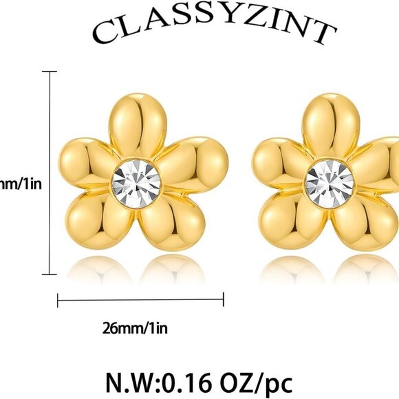 Gold Floral Earrings for Women Brass Stud Jewelry Statement Everyday Party - Picture 6 of 6